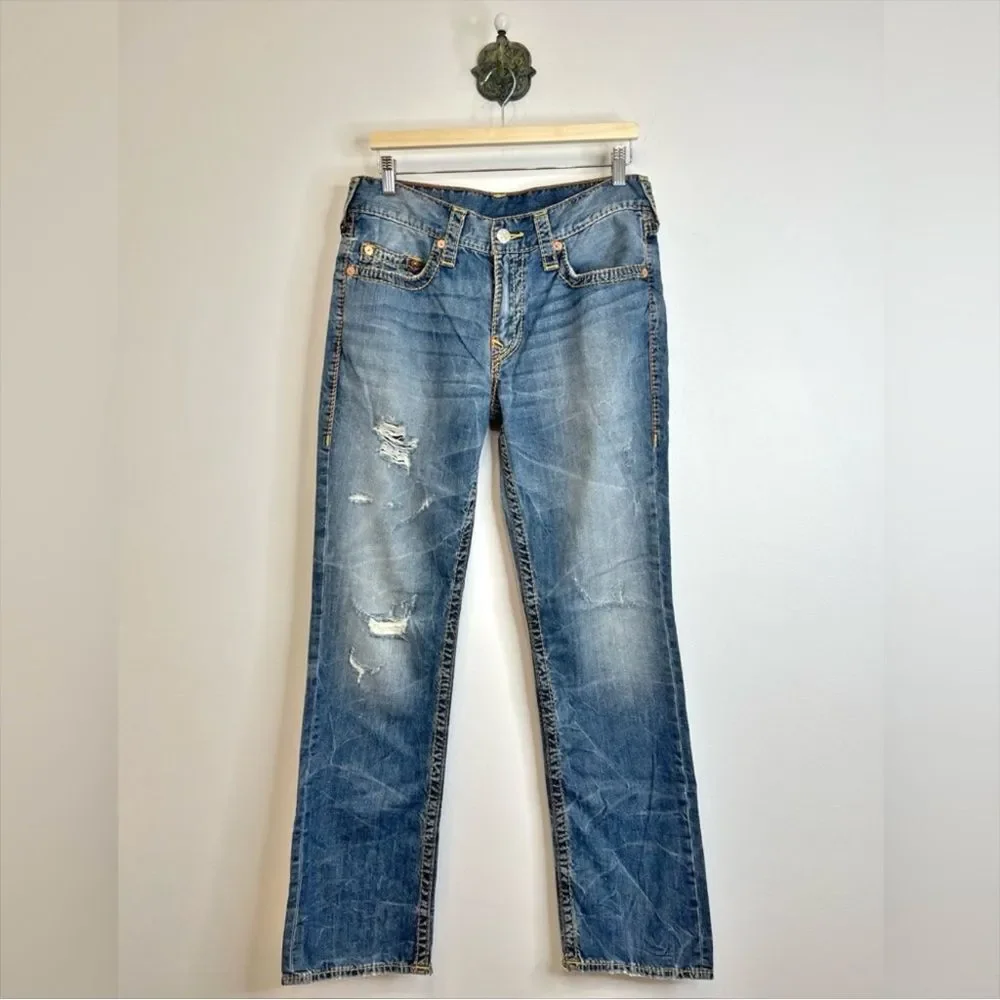 True Religion Men's Jeans Straight Old Multi Wheat BigT Distressed 101122 33x33